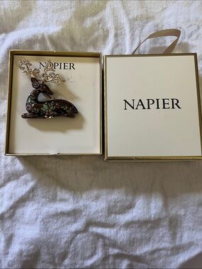 Napier Brown Enamel Deer Brooch with Gold-Tone Antlers and Green Leaf Accents